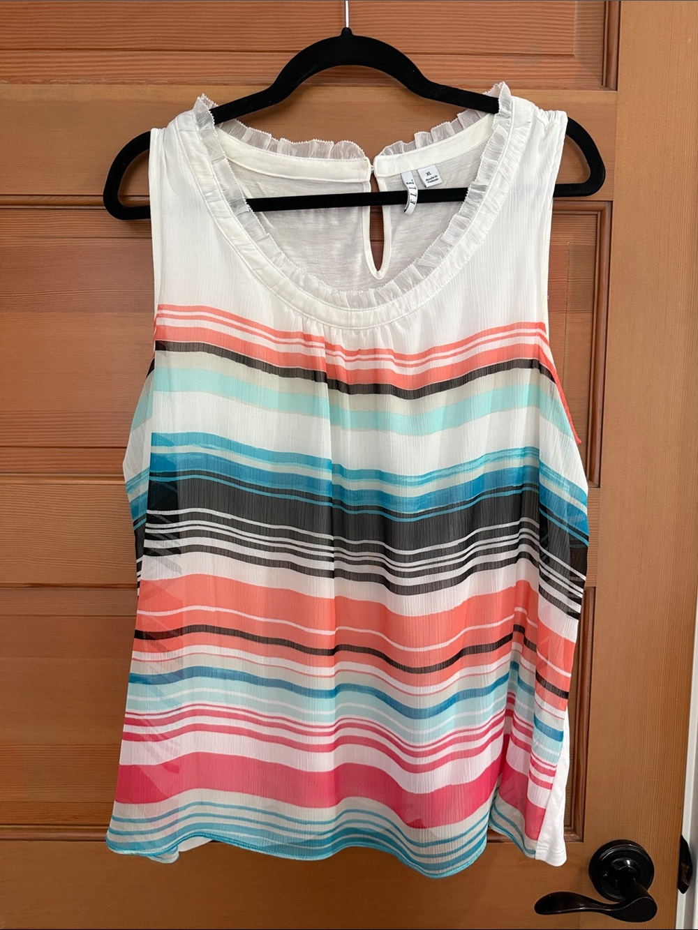 Elle Striped Ruffle-Trim Sleeveless Camisole in White, Coral, Teal, Blue, Black
